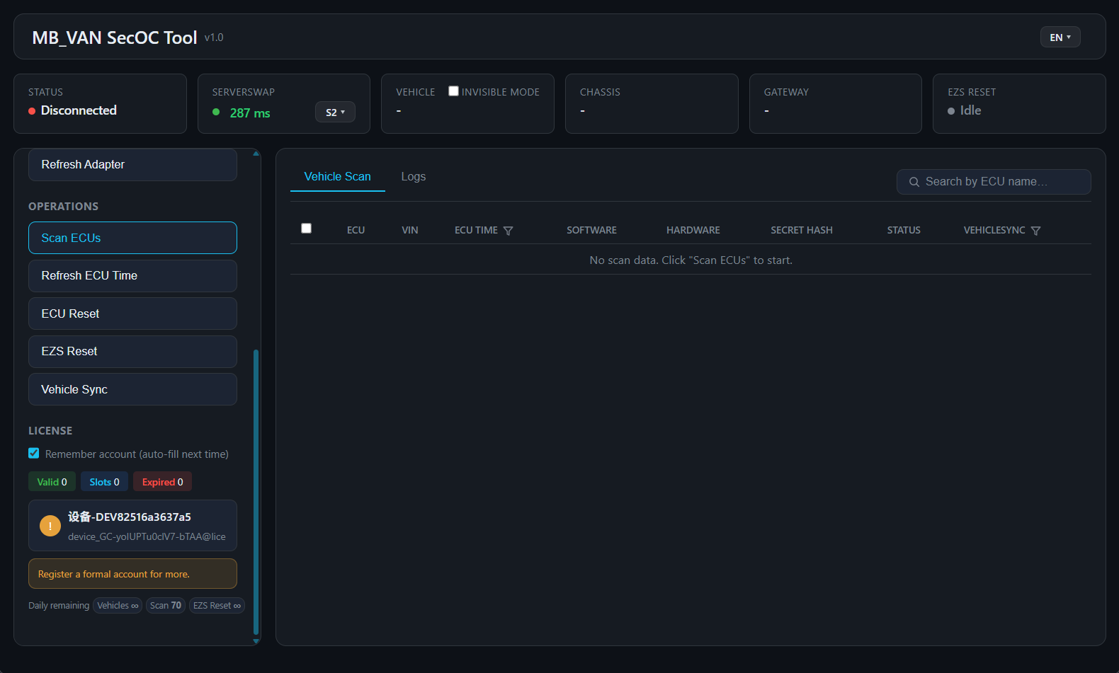 MB_VAN SecOC Tool main console with DoIP connection and ECU scan