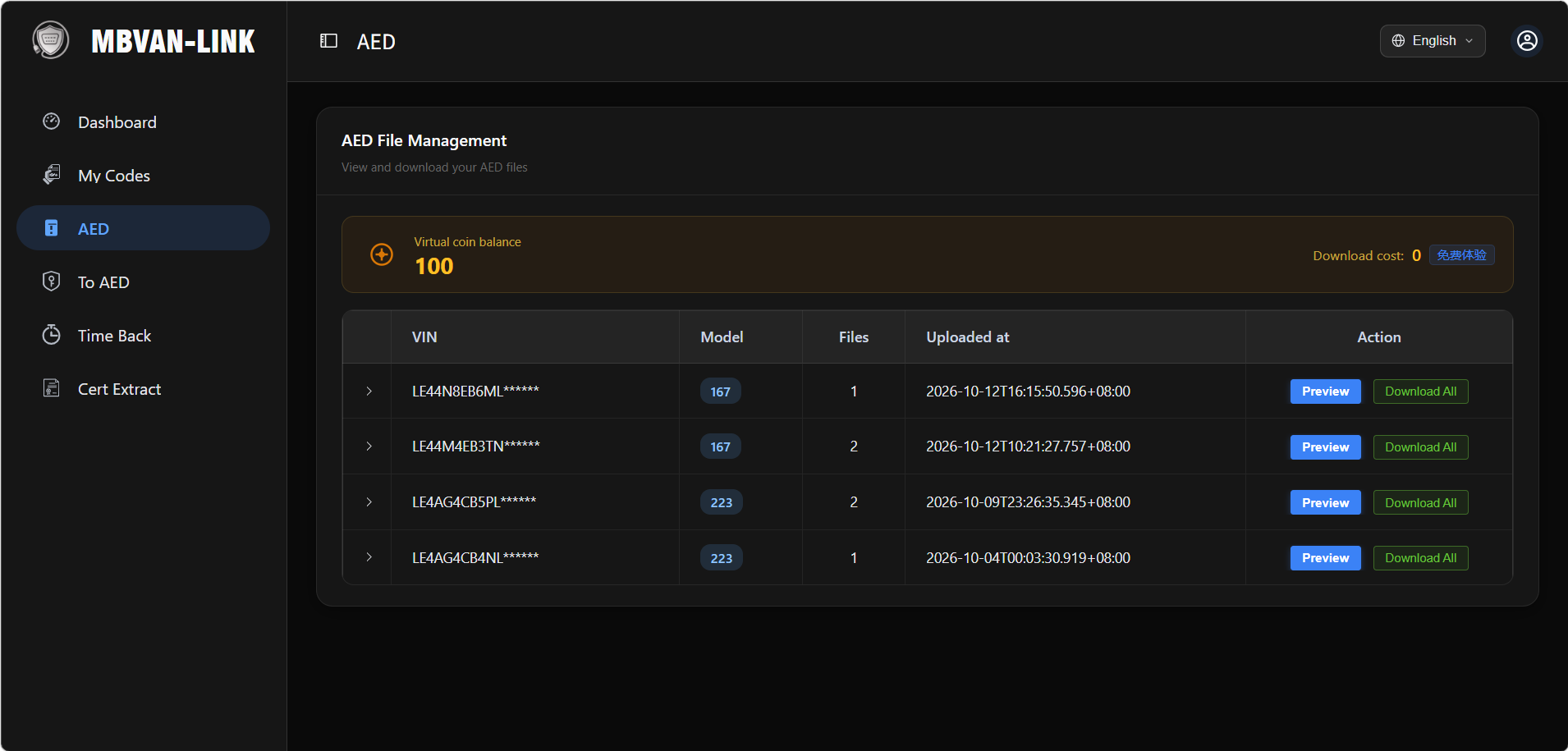 MBVAN-LINK AED file management with VIN list
